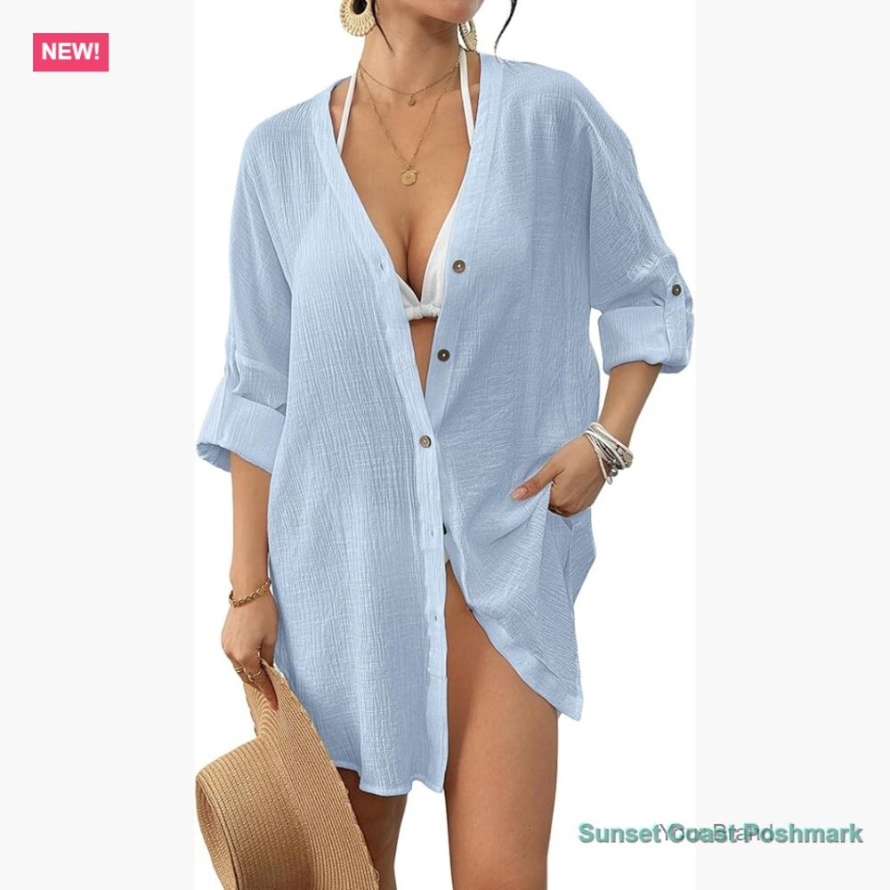 Long Sleeve Button Down Swimsuit Coverup Recycled Material